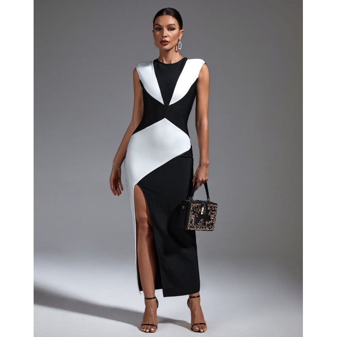 Black White Colour-Blocked Bandage Dress