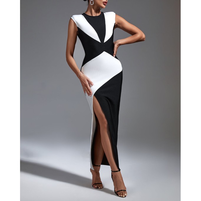 Black White Colour-Blocked Bandage Dress