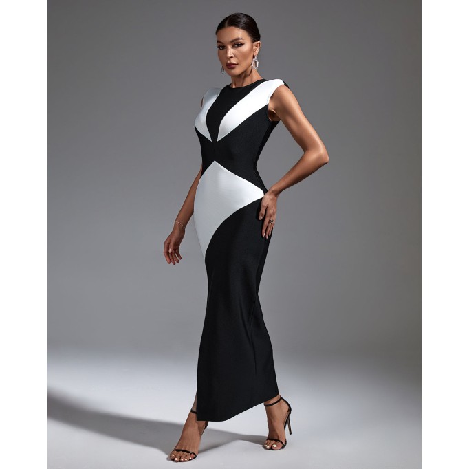 Black White Colour-Blocked Bandage Dress