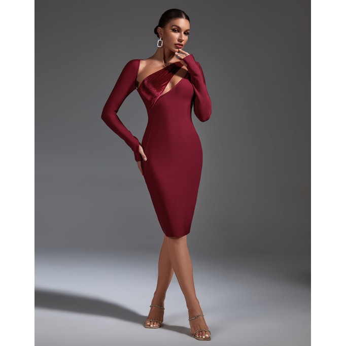 Wine-Velvet Midi Bandage Dress