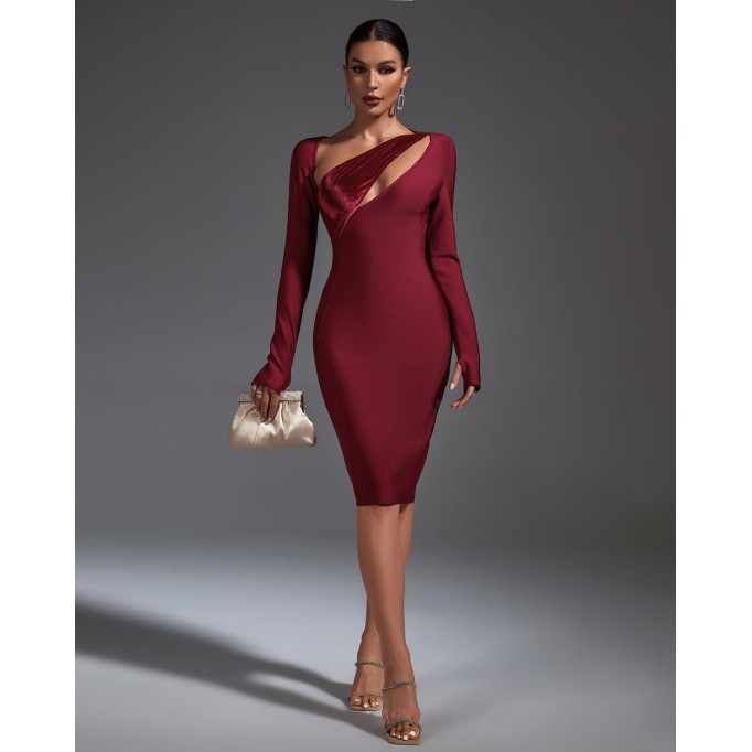 Wine-Velvet Midi Bandage Dress