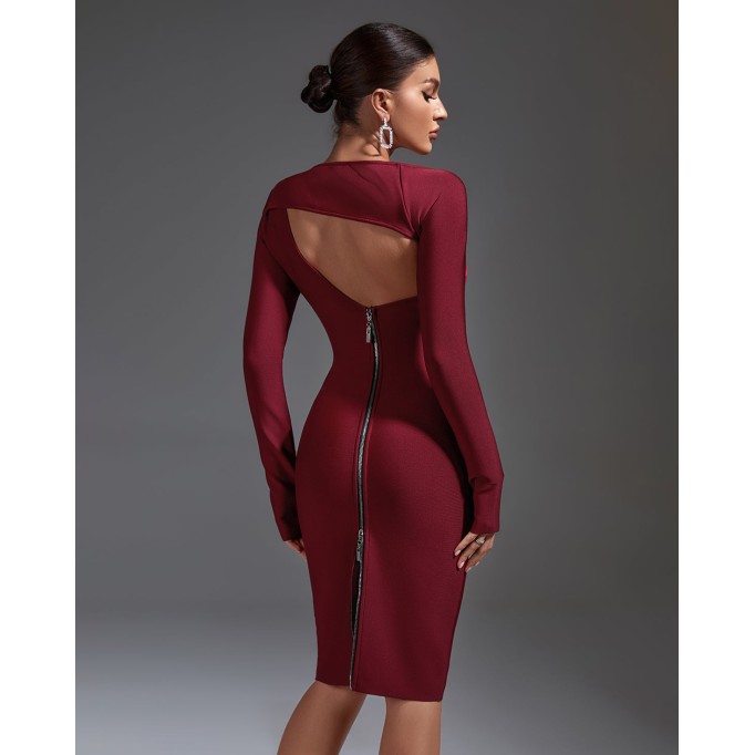 Wine-Velvet Midi Bandage Dress