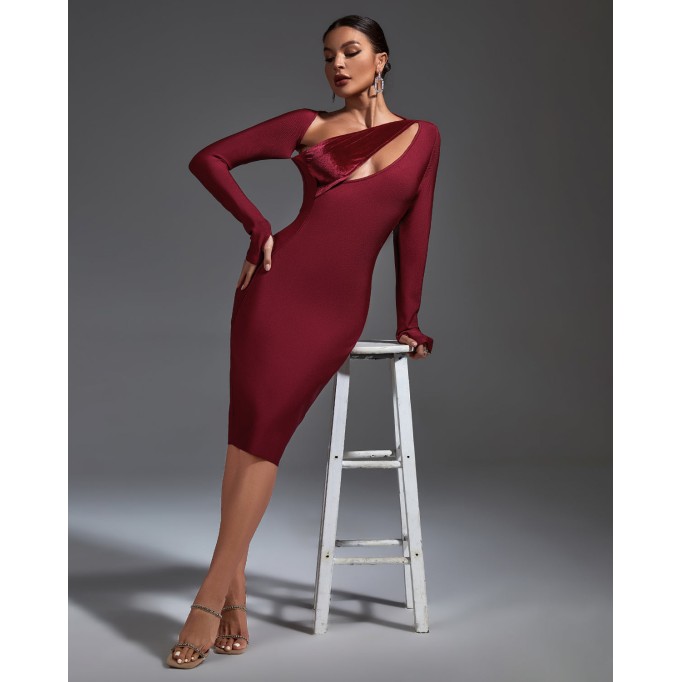 Wine-Velvet Midi Bandage Dress